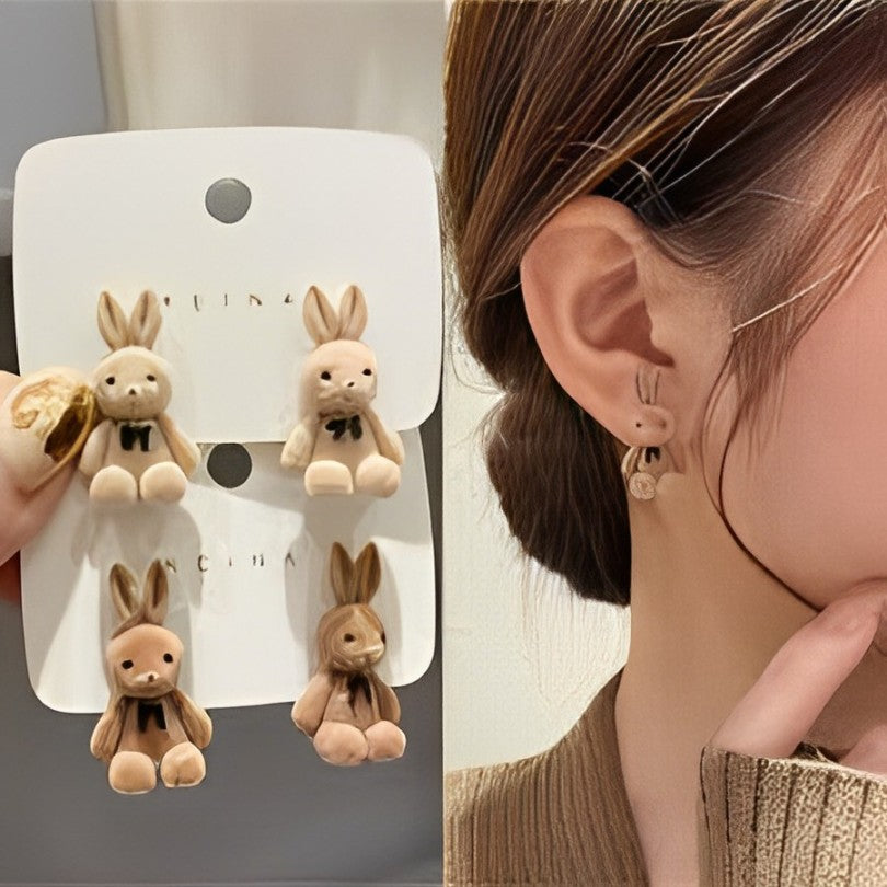 Cute Rabbit Earrings | Korean Style Cartoon Plush Rabbit Bow Earrings For Women Girls – 1 Pair (random Color)